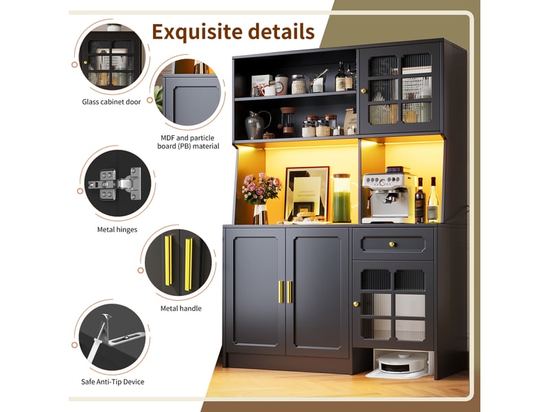  Buffet cuisine 4 portes et 1 tiroir, 130 x 45 x 180 cm, éclairage led, portes vitrées et espace prévu pour robot aspirateur, mdf, noir Morn Vibe - Conforama E