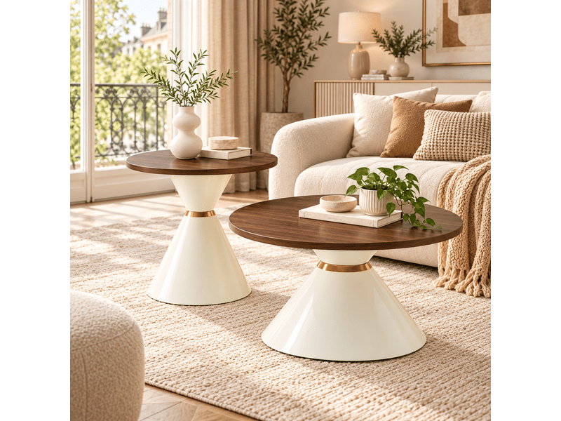  Lot de 2 tables basses rondes, plateau en mdf aspect noyer, structure en métal blanc crème et accents dorés, ø 7050 cm.  - Conforama R