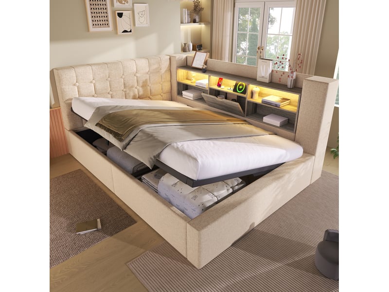 Lit coffre adulte 140x190 cm – beige – led, rangement hydraulique, tête de lit réversible et ports usb intégrés - Conforama B