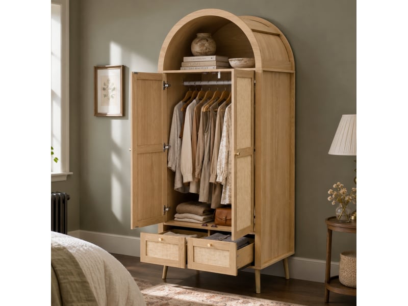  Armoire 80x55x180 cm, 2 portes, 2 tiroirs, niche arquée, penderie, mdf et pe effet rotin, chêne et beige  - Conforama B