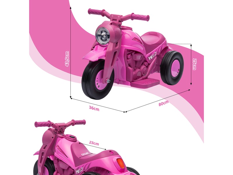  Moto électrique enfants 2-5 ans, 3 roues, 6 v, 3 kmh, avec fonction de bulles, effets lumineux et sonores, rose  - Conforama E