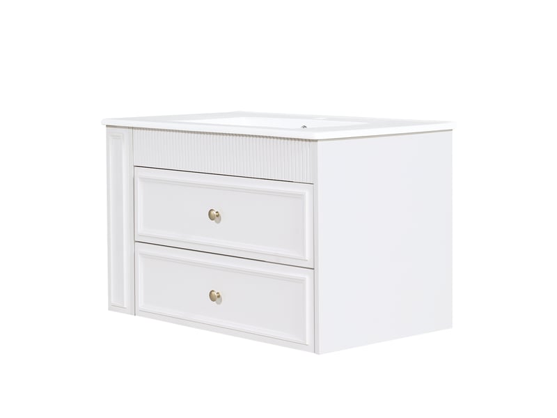 Meuble vasque mural blanc 81 cm avec lavabo céramique, tiroirs et étagère latérale - Conforama E