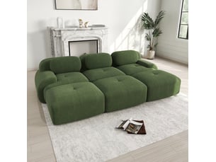 Canapé modulable 3 places 298x178x70 cm, trois poufs, prêt à installer, larges accoudoirs, velours côtelé, vert