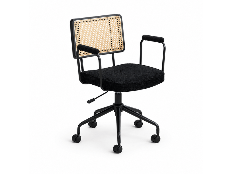 Chaise de bureau vintage en rotin avec roulettes – assise chenille, pivotante et réglable, cadre bois noir - Conforama A