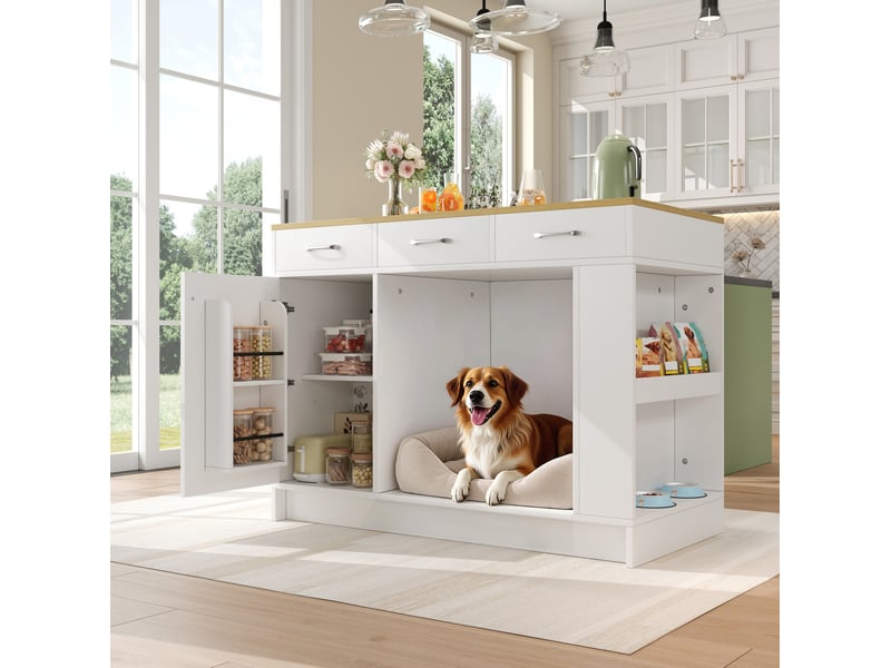  Îlot de cuisine 120 x 60 x 90 cm blanc en mdf, 3 tiroirs, étagère réglable et rangement  - Conforama B