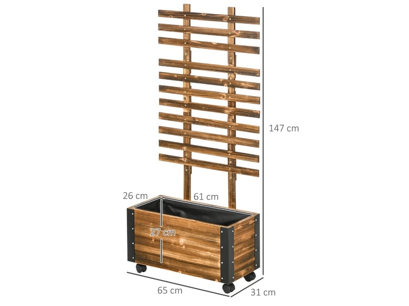 Jardinière surélevée avec treillis à roulettes, bois brun et métal noir, 65 x 31 x 147 cm pour vos plantes - Conforama C