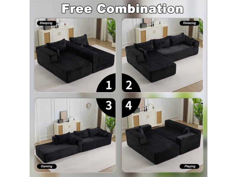  Canapé d’angle corda, noir, modulable, chaise longue, assise profonde, sans structure, velours côtelé  - Conforama E
