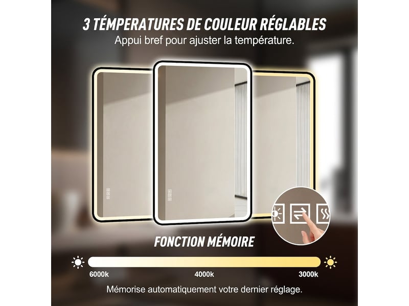  Miroir de salle de bain led 70x90 cadre aluminium noir anti-buée  - Conforama C