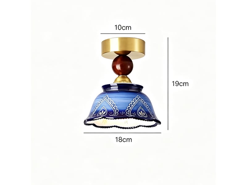  Plafonnier en céramique bleu indigo et vert, style bohème rétro, motif floral, e27, sans ampoule  - Conforama C