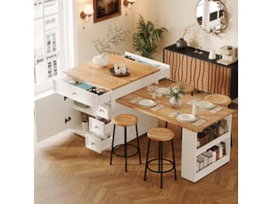 Îlot de cuisine extensible sur roulettes 120-184cm, desserte chariot avec tiroirs et plateau aspect bois, meuble de rangement, blanc