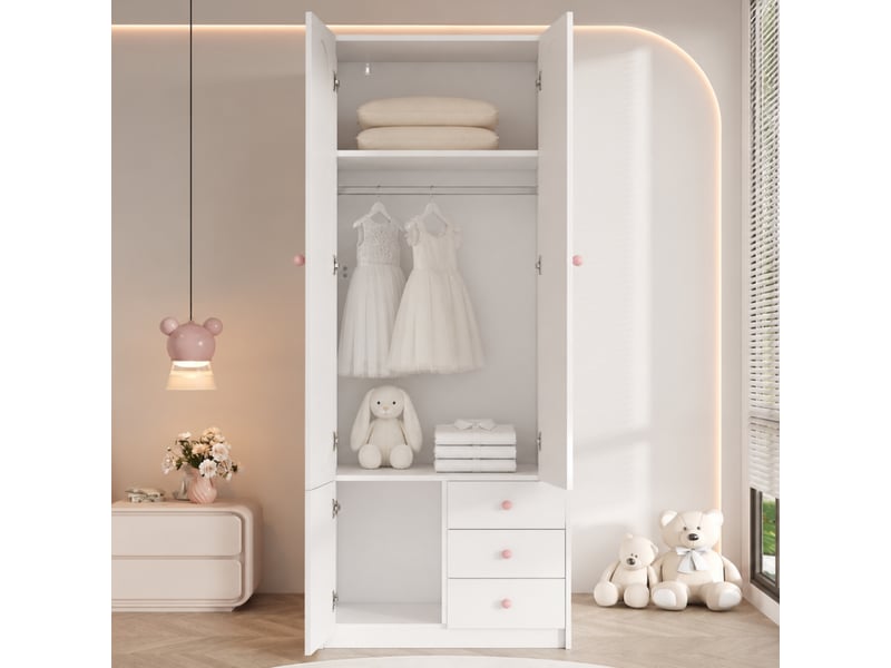  Armoire 2 portes et 3 tiroirs avec penderie pour chambre en mdf 80×50×200 cm blanche  - Conforama C