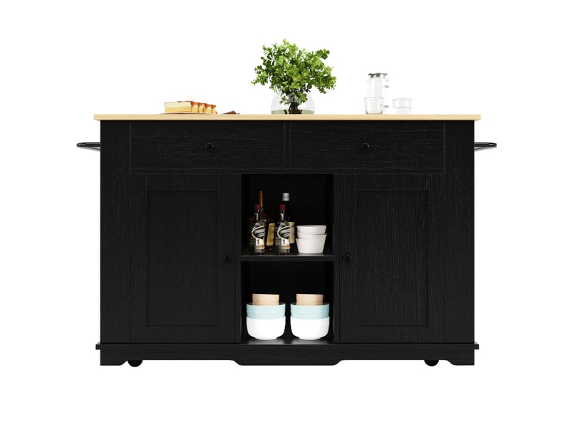  Îlot de cuisine mobile avec plateau rabattable, prises et rangements noir naturel  - Conforama A