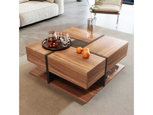 Table basse carrée avec 4 tiroirs et niche inférieure, motif graphique, pour salon, 78 × 78 × 36 cm