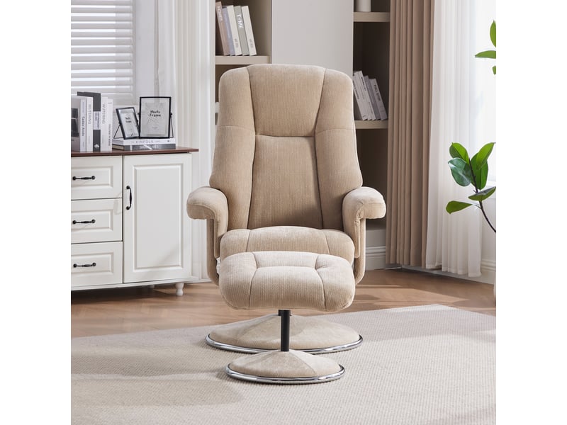  Fauteuil relax avec repose-pieds, dossier réglable à 145°, pivotant à 360°, chenille taupe clair  - Conforama D