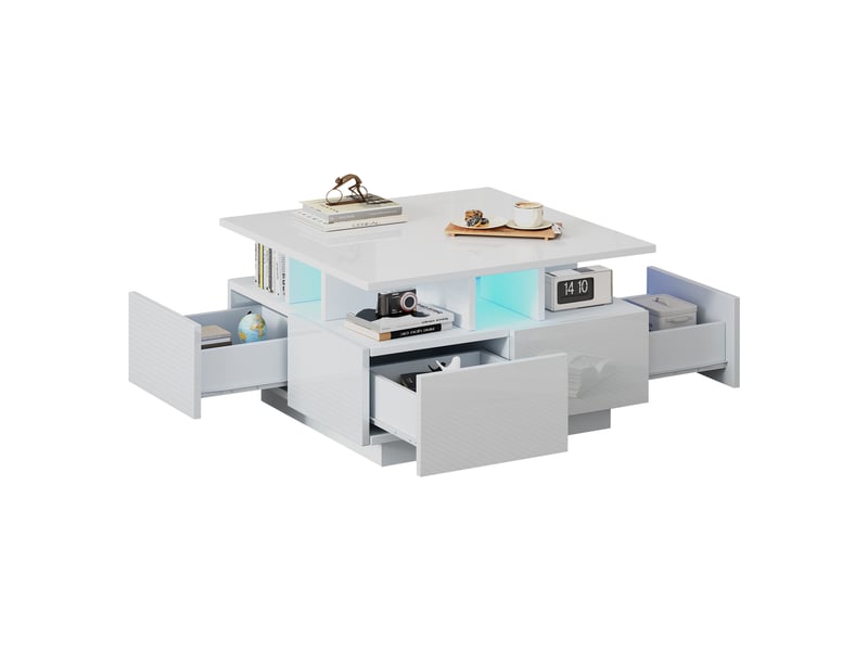  Table basse carrée blanc avec 4 tiroirs - 70x70 cm led panneau de particules table basse blanc - Conforama A