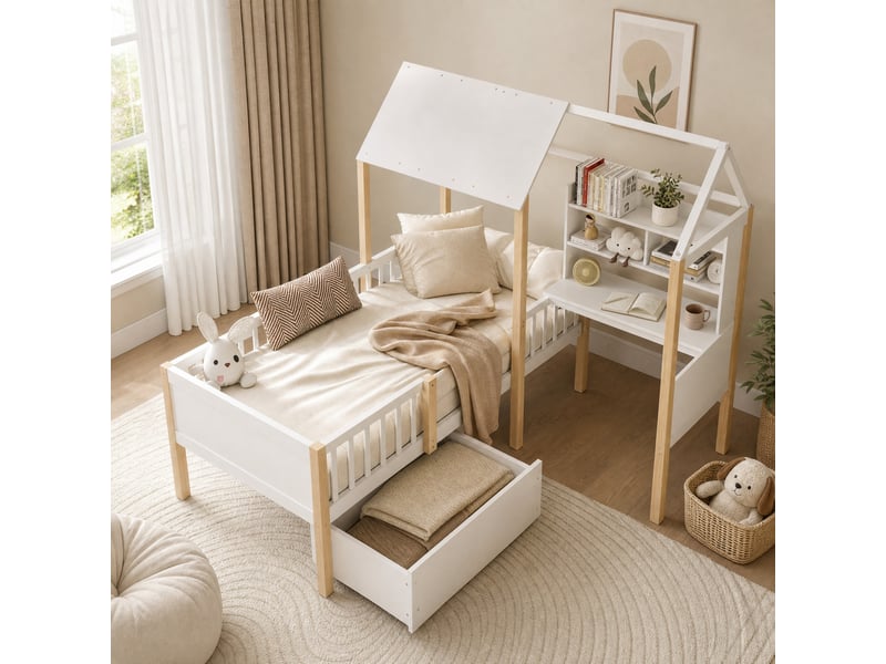  Lit enfant cabane 90 x 200 cm blanc et bois naturel avec bureau, bibliothèque et tiroir à roulettes  - Conforama C