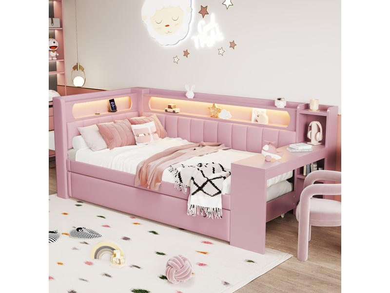  Lit gigogne rembourré 90x200cm coloris rose mdf led lit enfant rose - Conforama E