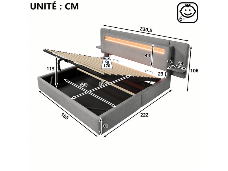  Lit coffre 180 x 200 cm gris rembourré avec rangement hydraulique et éclairage led multicolore, sans matelas  - Conforama C