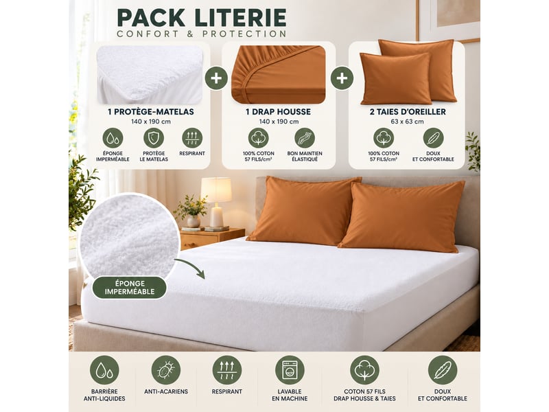  Pack literie protège matelas 140x190 imperméable + drap housse + 2 taies caramel  - Conforama B