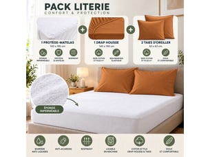 Pack literie protège matelas 140x190 imperméable + drap housse + 2 taies caramel
