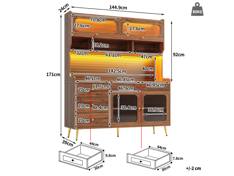 Buffet haut avec led 145 x 39 x 171 cm, verre strié, mdf et métal, noyer - Conforama C
