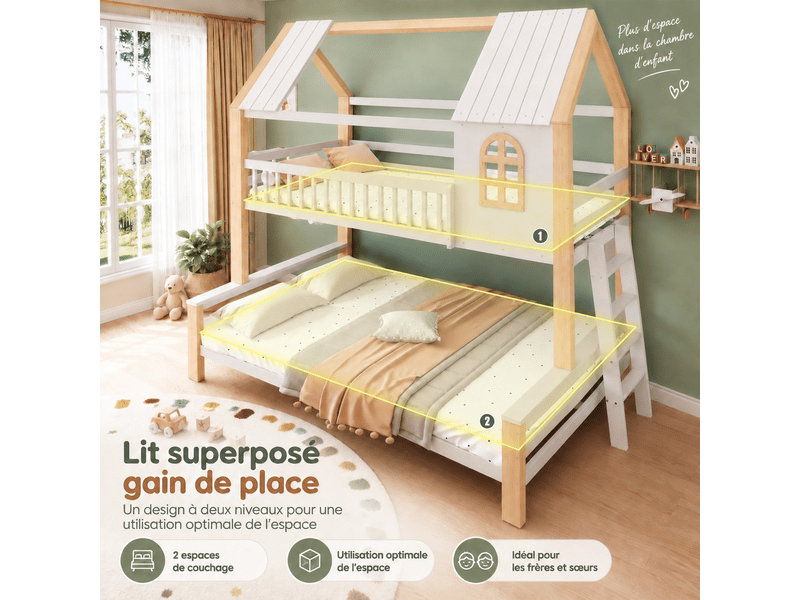 Lit superposé cabane 90x200140x200 cm, blanc et bois naturel Fay Lum - Conforama E