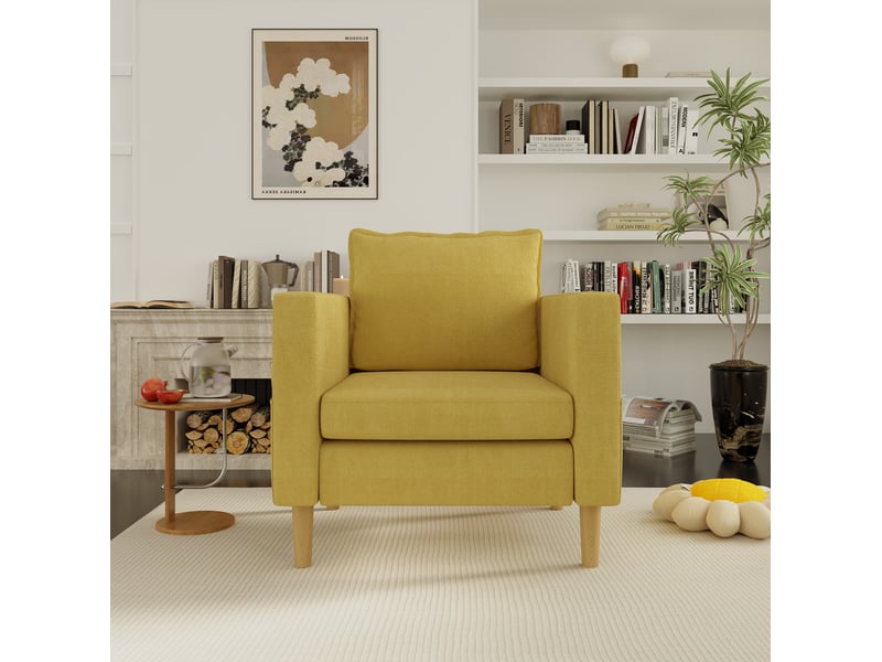  Fauteuil scandinave 71x68x82 cm, poche de rangement, coussin, canapé 1 place, pour salon, chambre, tissu chenille jaune  - Conforama D