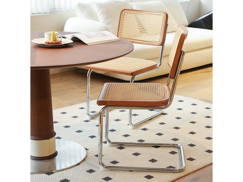 Lot de 2 chaises de salle à manger 53x46,4x84,6 cm, design rétro moderne, dossier en rotin et pieds chromés pour cuisine, rotin et chrome, marron Sol Morn - Conforama E