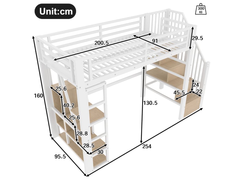  Lit mezzanine enfant 90 x 200 cm en métal et mdf blanc avec led et rangements  - Conforama E