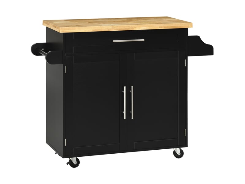  Desserte de cuisine 109 x 40 x 89 cm noire en bois, avec plan de travail, tiroir, placard et roulettes  - Conforama A