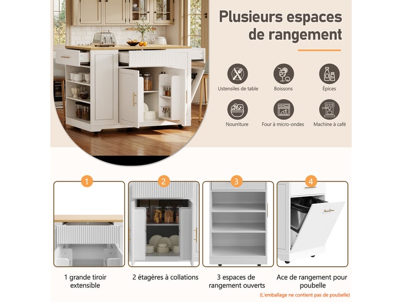 Îlot de cuisine mobile 120 x 50 x 92 cm avec espace poubelle, 2 portes, 3 tiroirs et rangement, blanc - Conforama D