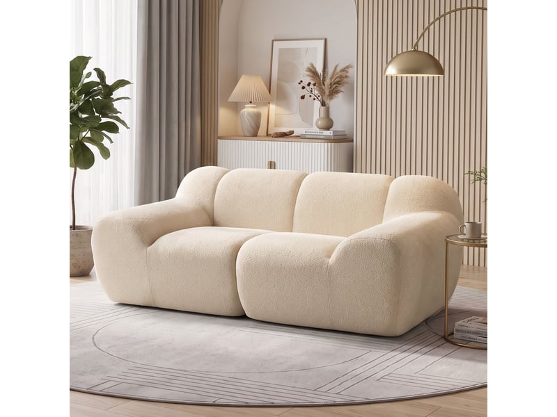  Canapé design arrondi 2 places larges accoudoirs tissu chenille beige  - Conforama B