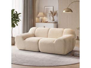 Canapé design arrondi 2 places larges accoudoirs tissu chenille beige