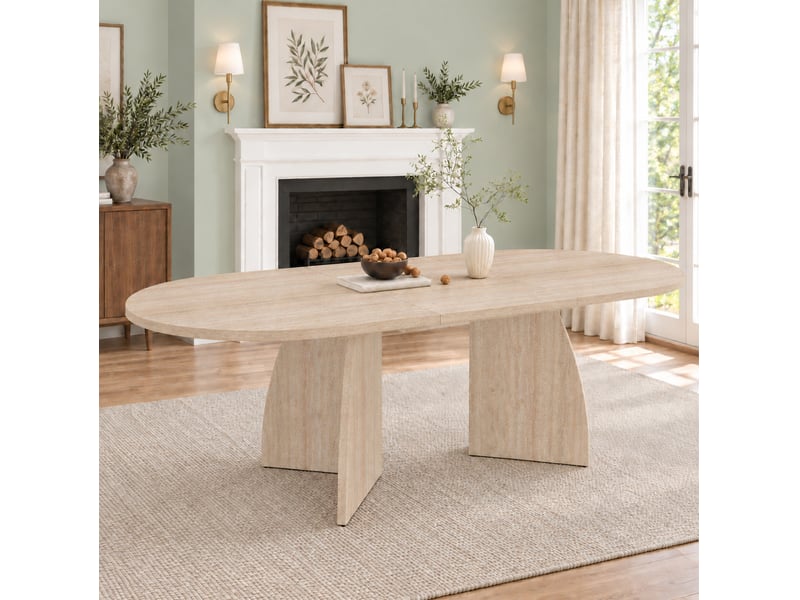  Table à manger extensible 150200x90x75 cm, 6 à 8 places, plateau 18 mm, mdf, aspect travertin beige  - Conforama B