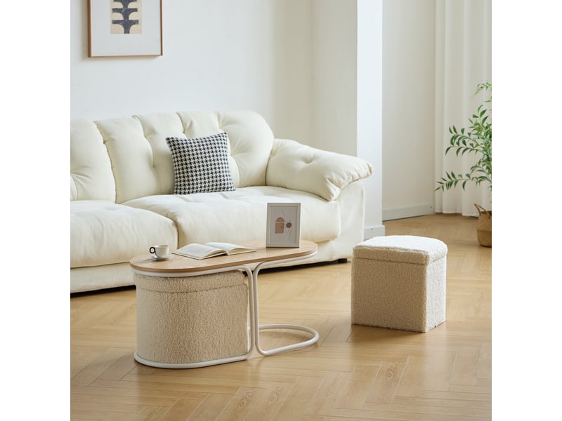 Nordlys - table basse en bois avec 2 poufs bouclettes rangement frêne blanc  - Conforama D