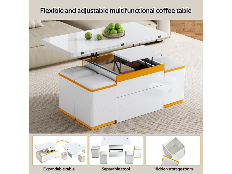  Table basse blanc, rangement, étagères réglables, plan relevable, design moderne, multifonctionnel - 100x50x43cm - salon  - Conforama D