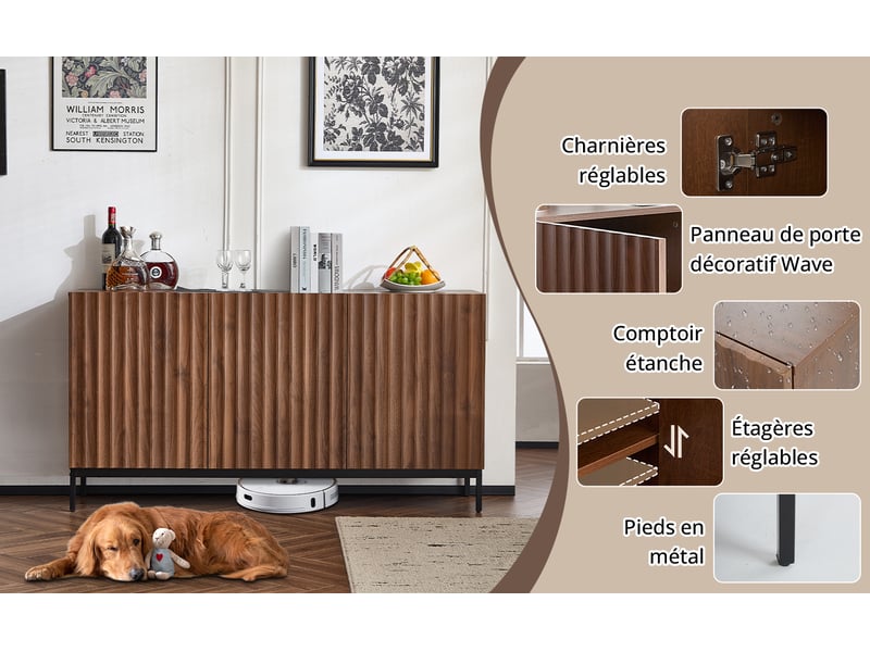 Buffet 150 cm en bois, 3 portes, design ondulé 3d, étagères réglables, dispositif anti-basculement - Conforama C