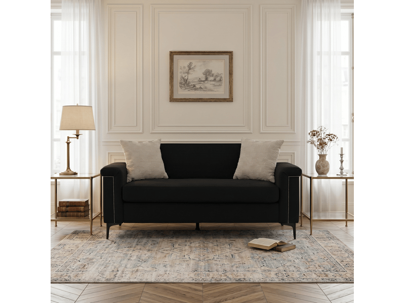  Canapé droit fixe 2 places noir en tissu, style scandinave avec clous décoratifs, idéal pour le salon moderne  - Conforama E