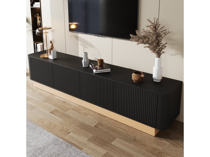  Meuble tv 200 cm noir 4 portes nervurées avec étagères réglables, style minimaliste moderne en mdf  - Conforama R