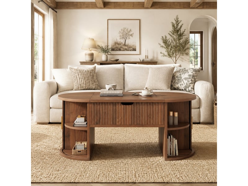 Table basse relevable avec 1 tiroir, niches ouverte, 4 tabourets de rangement et panneaux de particulespour, salon, mdf,blanc, 100 × 50 × 43 cm  - Conforama B