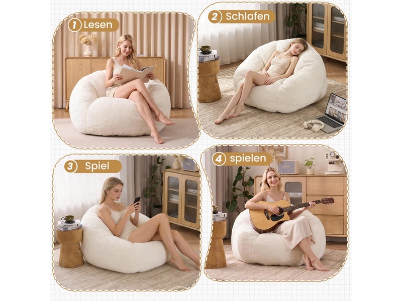  Fauteuil pouf avec mousse à mémoire de forme, dossier enveloppant et base antidérapante en polyester blanc 98 × 98 × 60 cm  - Conforama D