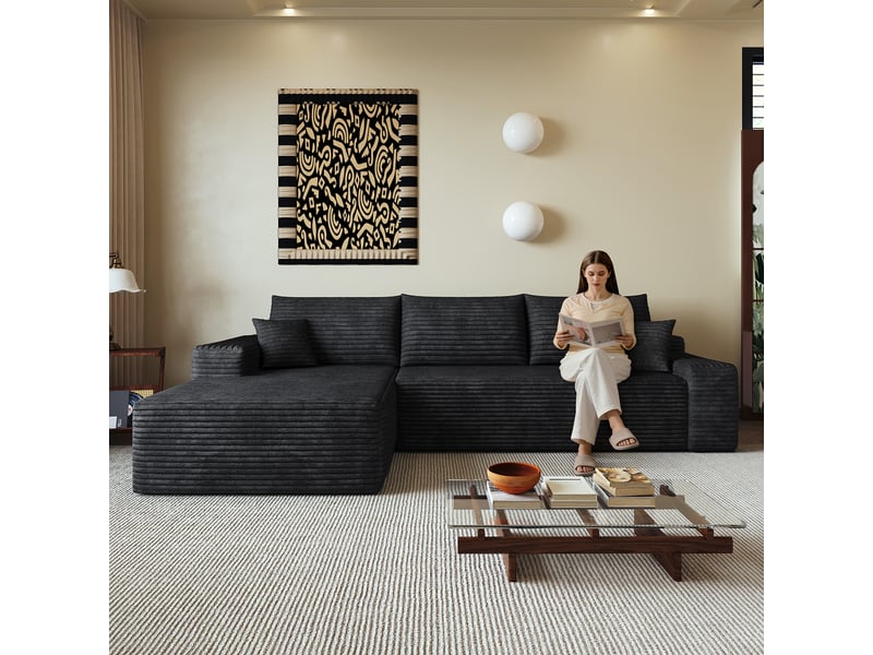 Canapé d'angle modulable noir avec méridienne, 270cm, assise profonde, sans montage, mousse compressée  - Conforama D