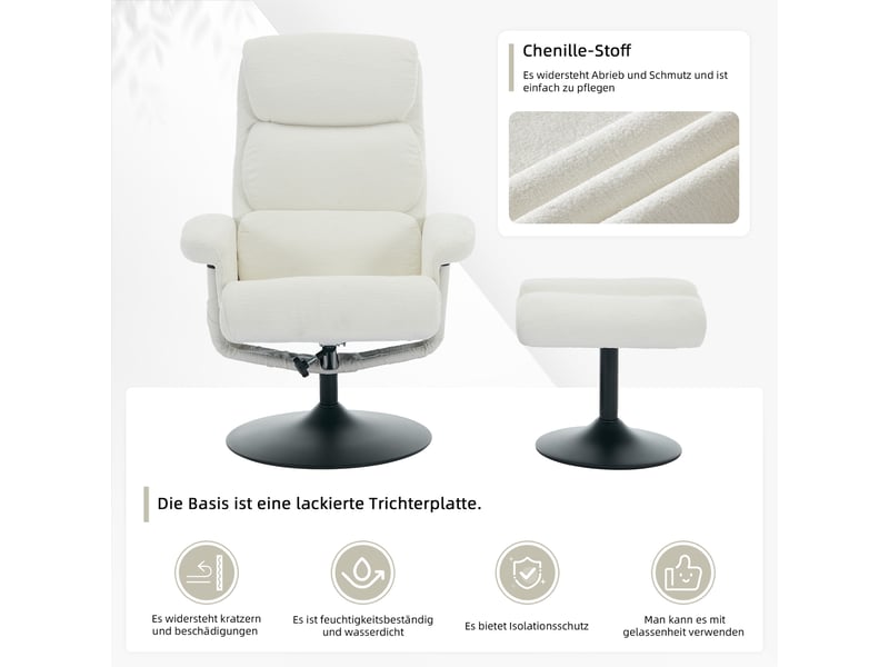  Fauteuil relax inclinable,77x75,5x100 cm,avec massage et chauffage,chenille,blanc  - Conforama D