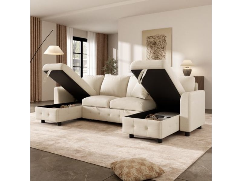  Canapé d'angle panoramique convertible 4 places tissu beige coffre de rangement  - Conforama E
