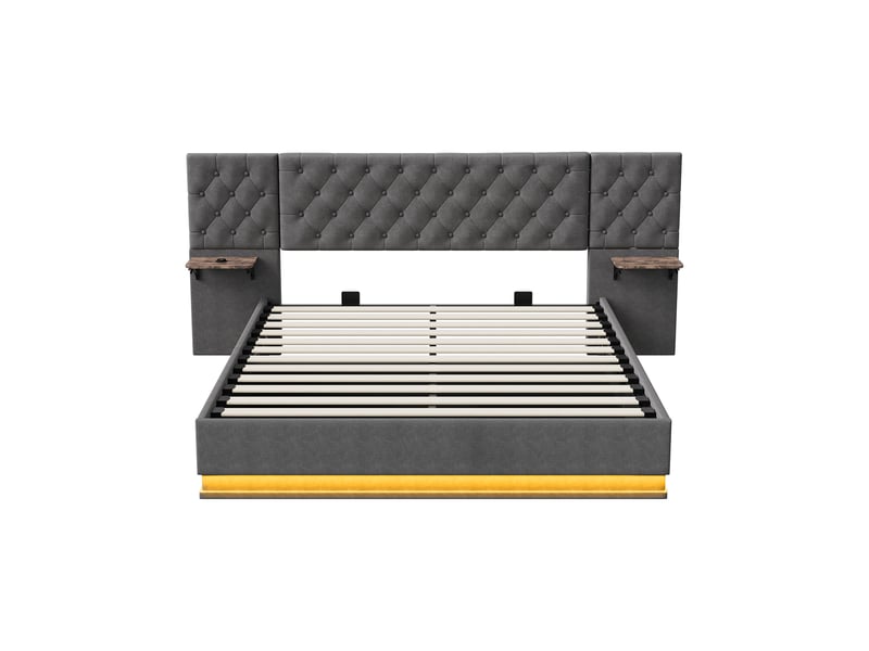  Lit coffre 2 places européen 160x200 cm, lit adulte, rangement, 2 chevets, led, recharge sans fil, port usb, lin gris  - Conforama R