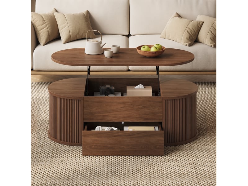 Table basse relevable ovale avec 1 tiroir et rangement caché, en mdf et panneaux de particules, coloris noyer - Conforama D