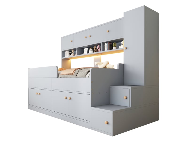  Lit mezzanine enfant 90 × 200 cm 1 place avec rangements, armoire, led et barrières, sans matelas, gris  - Conforama A