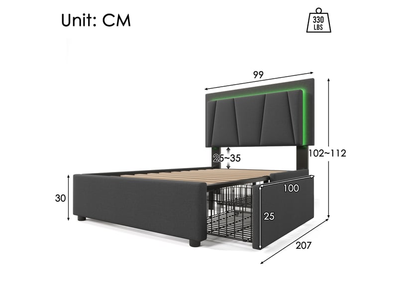 Lit jeune 90x200 cm avec tête réglable et 2 tiroirs, lin et métal, gris, sans matelas  - Conforama C