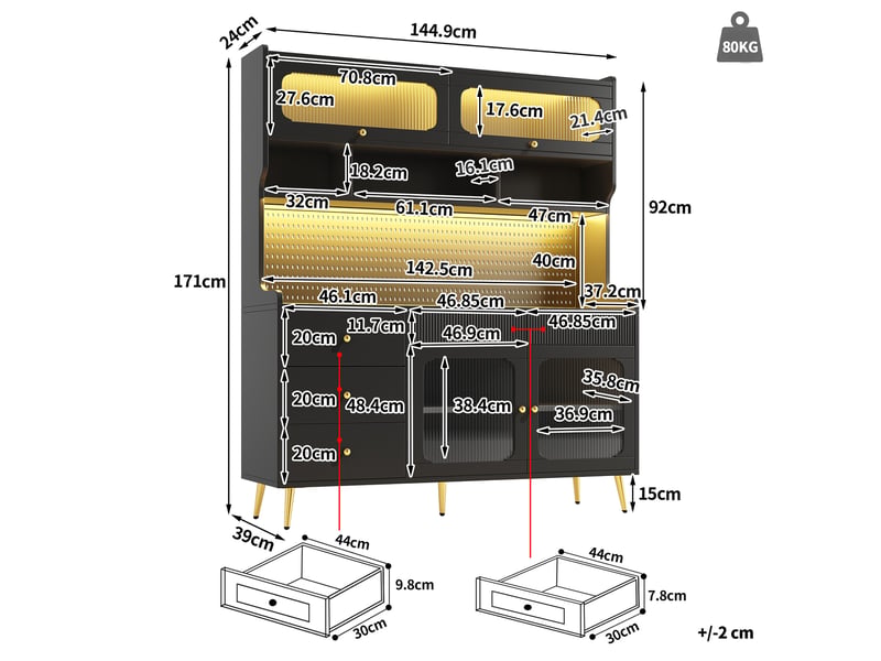 Meuble haut de cuisine 145 x 39 x 171 cm noir, avec 4 portes et 5 tiroirs, led rgb via application, étagères en verre - Conforama C