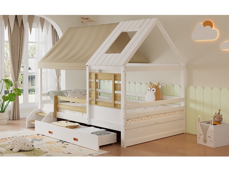  Lit cabane enfant 120 x 200 cm blanc et bois naturel, toit textile amovible, fenêtres, barrières et grand tiroir  - Conforama B